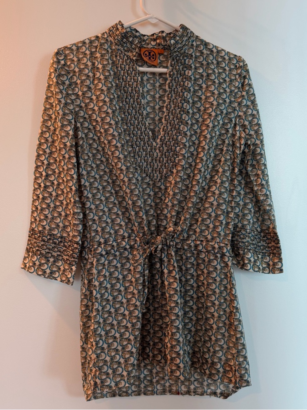 Tory Burch Cream and Navy Printed V-Neck Blouse